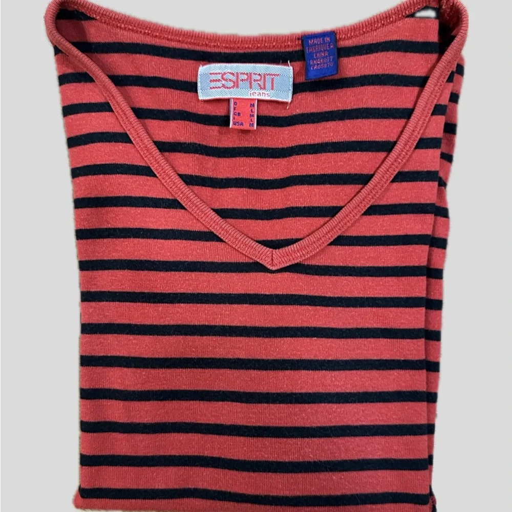 Vintage Esprit Red and Black Striped V-Neck Top - Picture 3 of 5